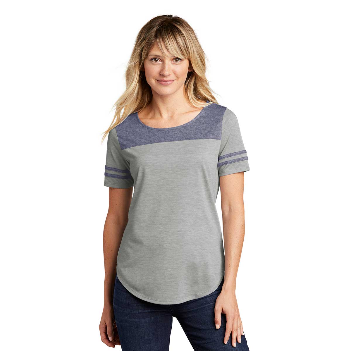 Sport-Tek Women's Stylish Wicking Fan Tee in Navy/Light Grey Heather