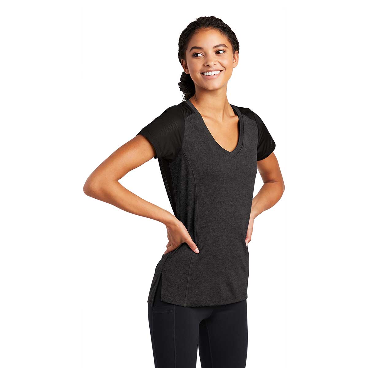 Sport-Tek Women's Stunning Black Heather/Black Endeavor Short Sleeve Tee