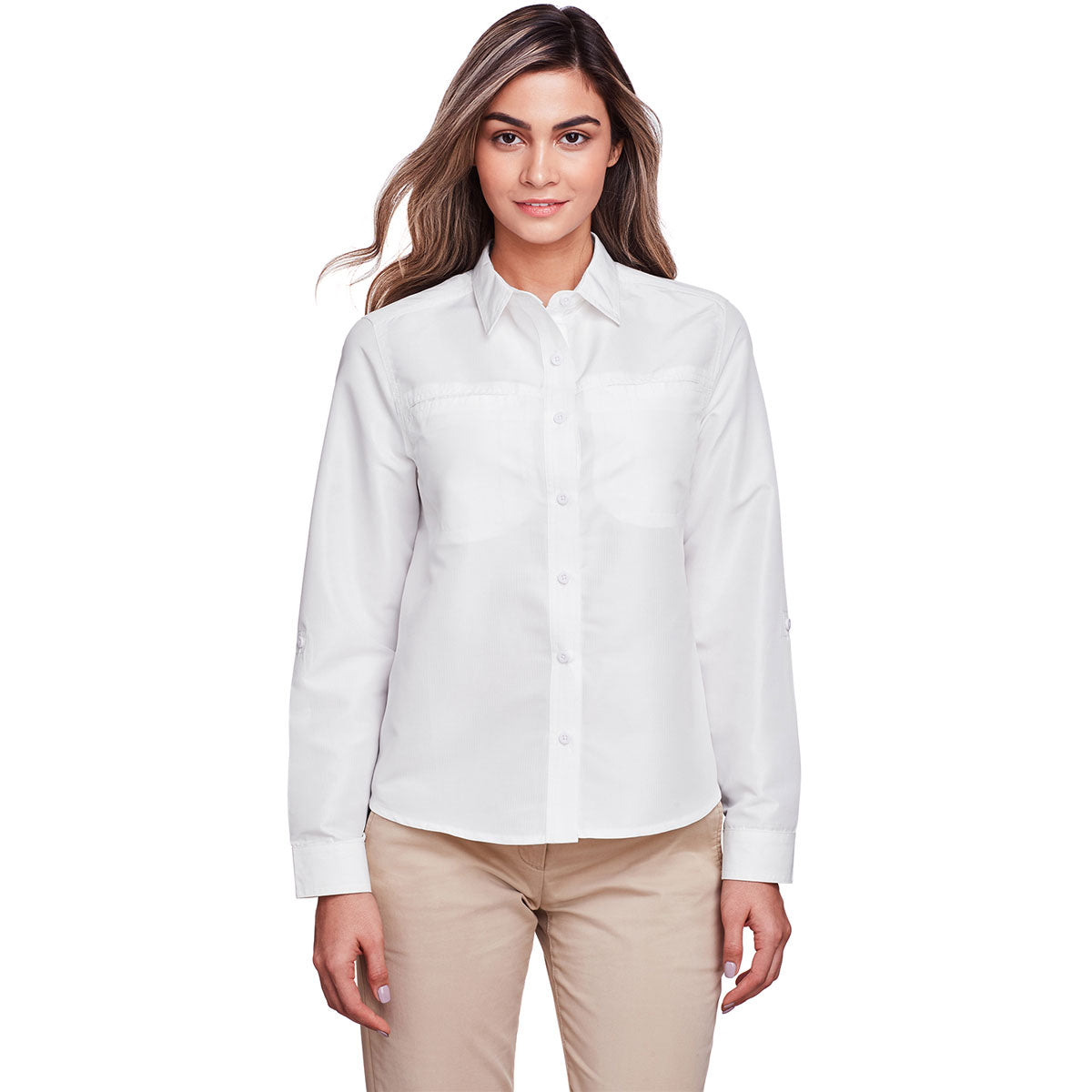 Harriton Women's White Key West Long-Sleeve Performance Staff Shirt: A Must-Have for Professional Women!