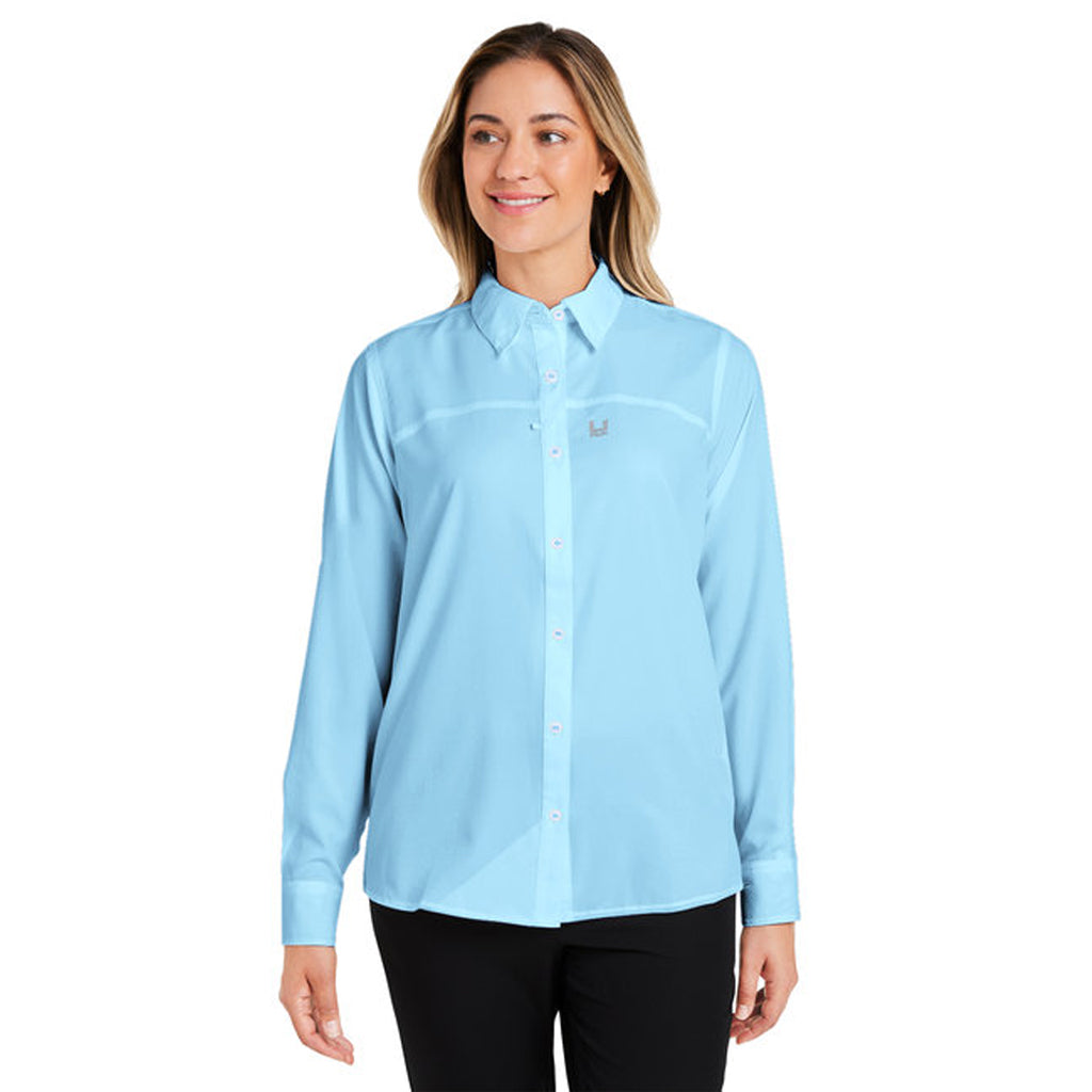 HUK Women's Stunning Crystal Blue Tide Point Long Sleeve Shirt - A Must - Have!