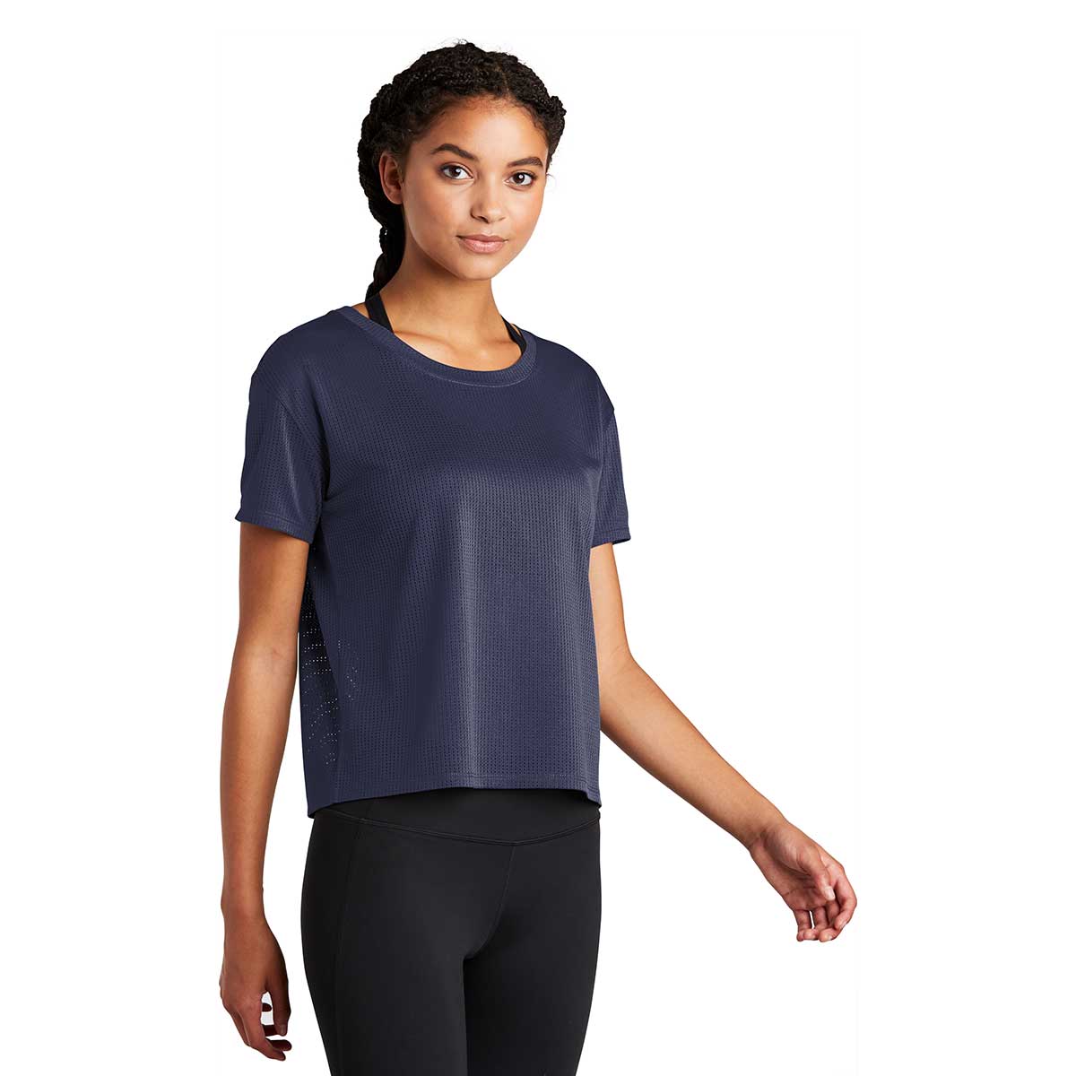 Sport-Tek Women's True Navy PosiCharge Tri-Blend Wicking Draft Crop Tee - Ideal for Active Women