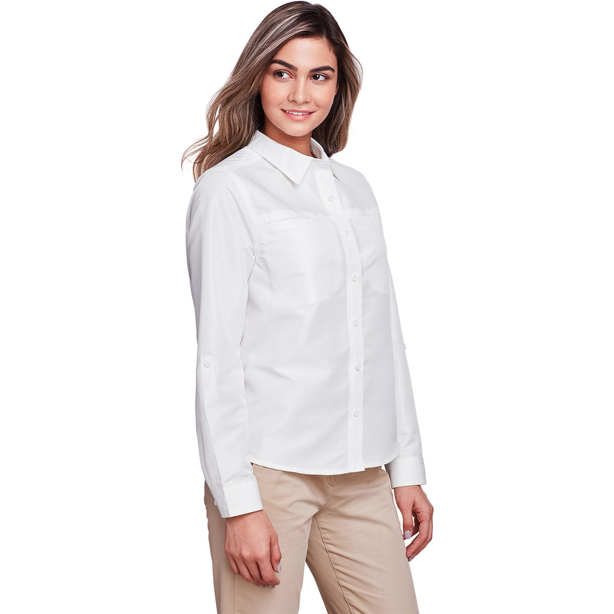 Harriton Women's White Key West Long-Sleeve Performance Staff Shirt: A Must-Have for Professional Women!