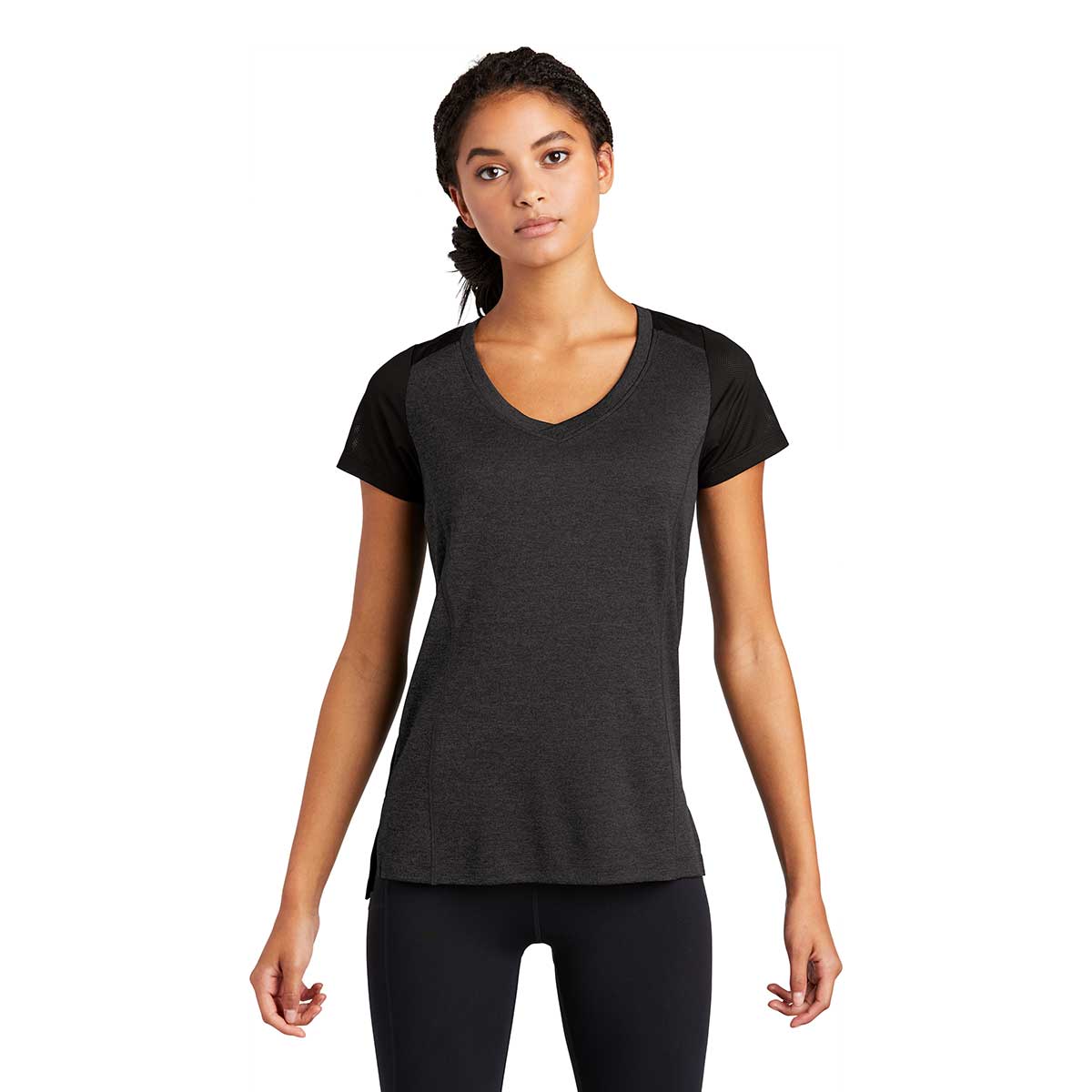 Sport-Tek Women's Stunning Black Heather/Black Endeavor Short Sleeve Tee