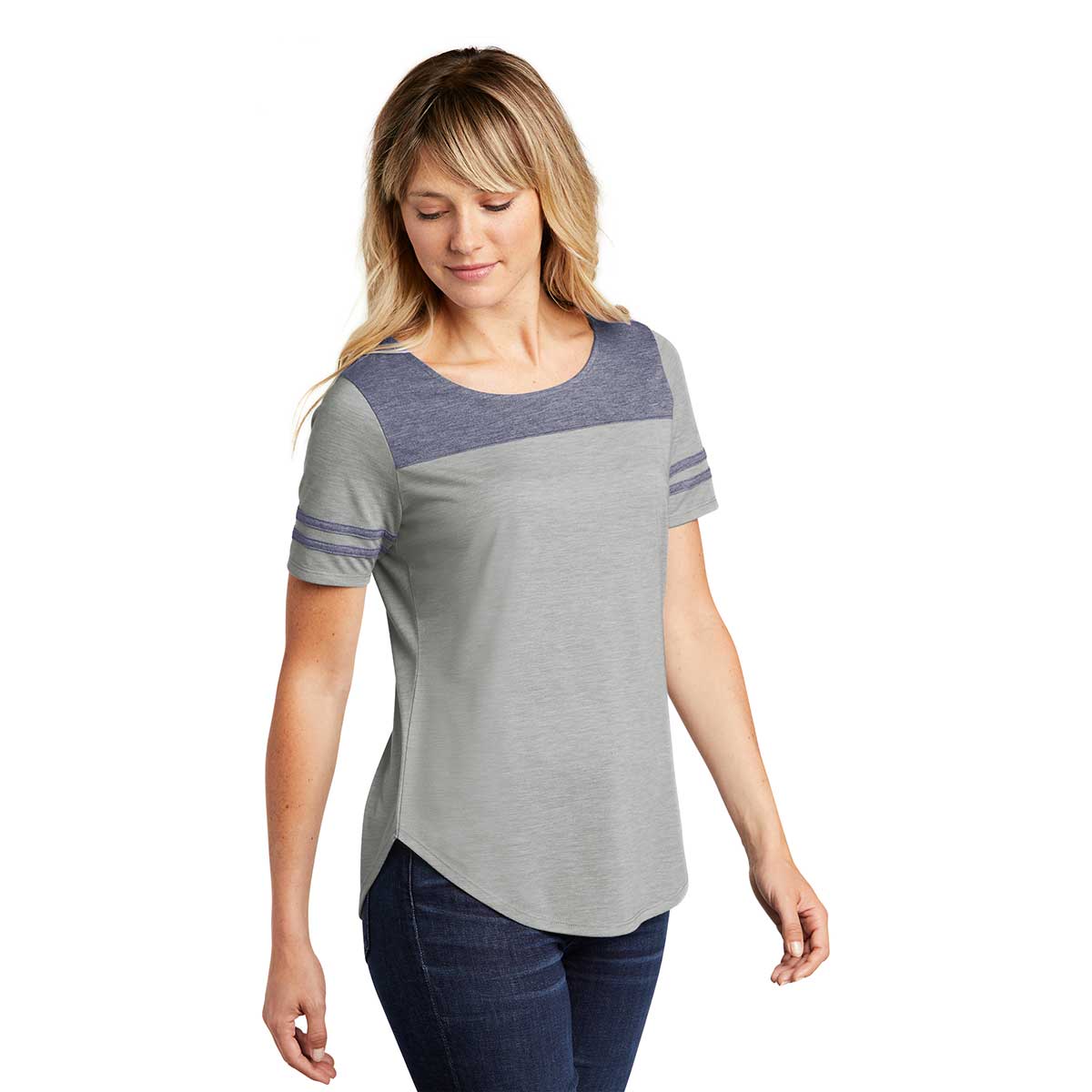 Sport-Tek Women's Stylish Wicking Fan Tee in Navy/Light Grey Heather