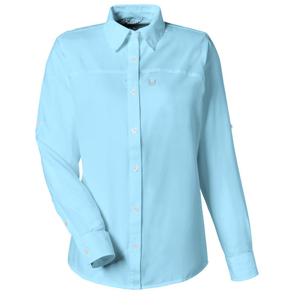 HUK Women's Stunning Crystal Blue Tide Point Long Sleeve Shirt - A Must - Have!