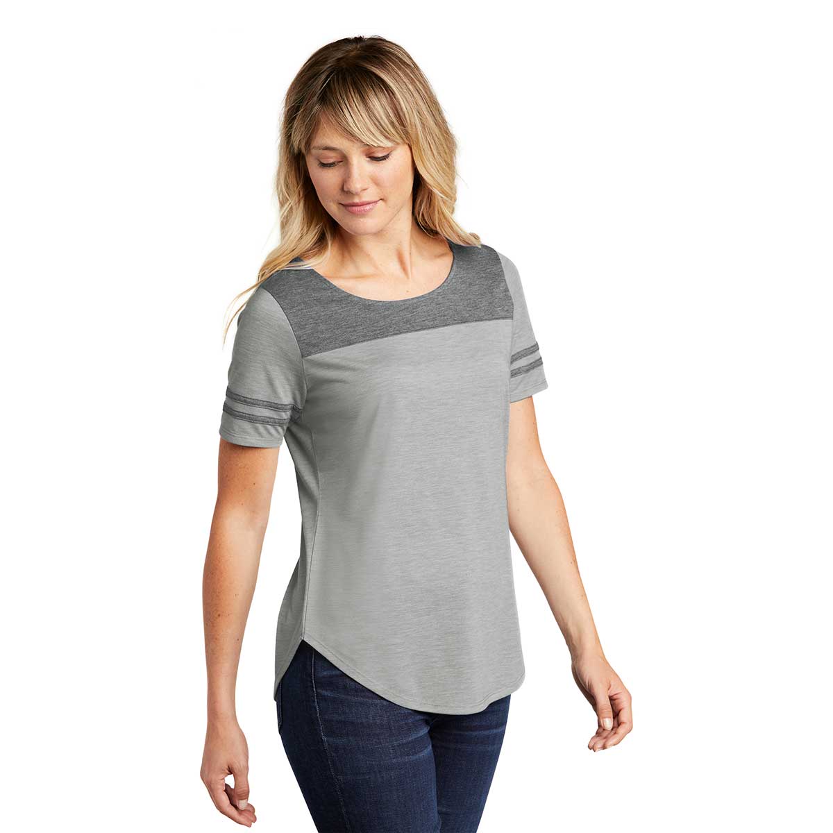 Sport-Tek Women's Stylish PosiCharge Tri-Blend Wicking Fan Tee in Dark & Light Grey Heather