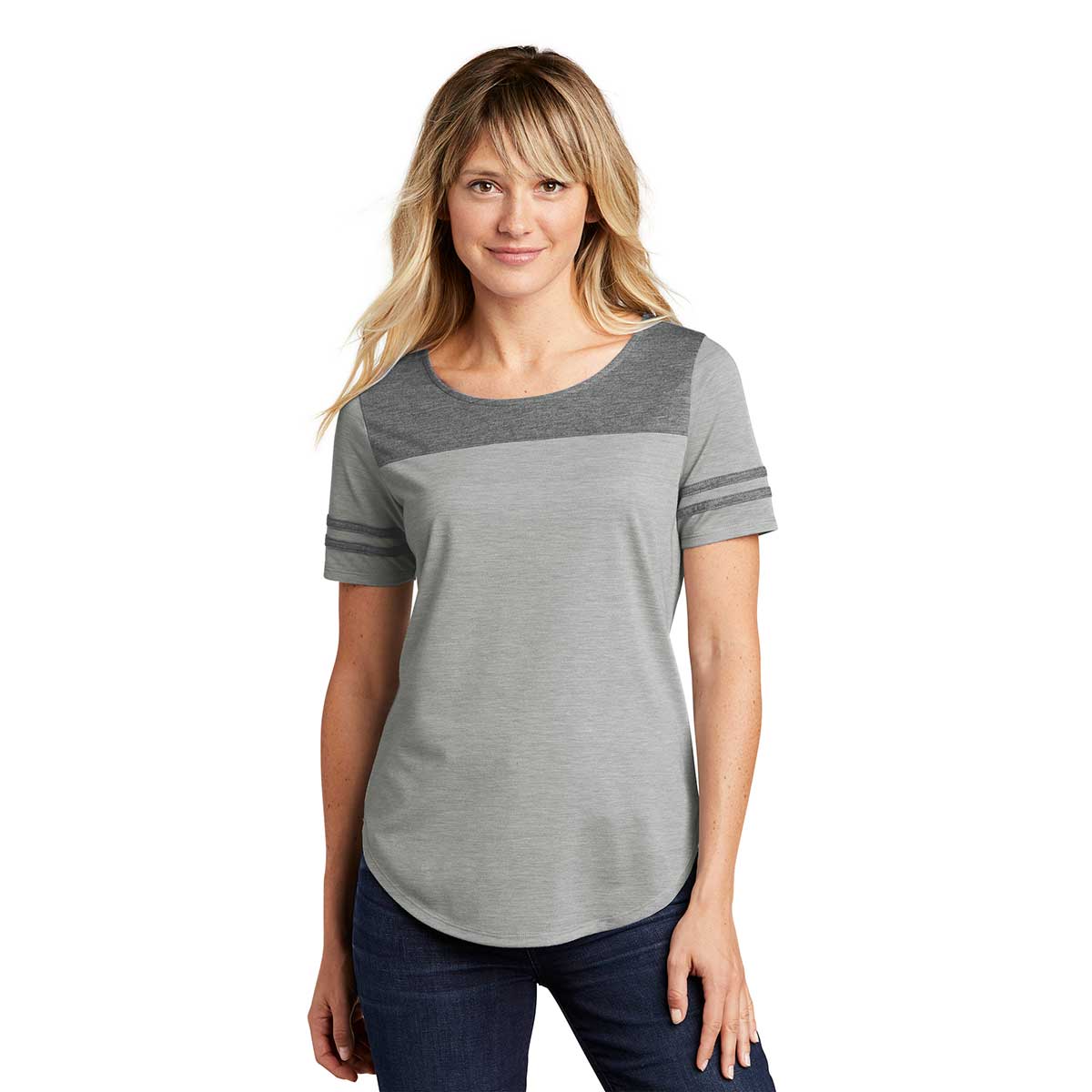 Sport-Tek Women's Stylish PosiCharge Tri-Blend Wicking Fan Tee in Dark & Light Grey Heather