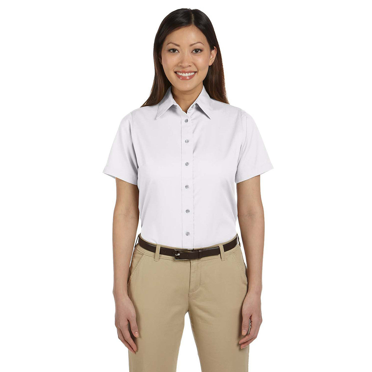 Harriton Women's Stain-Release White Short-Sleeve Twill Shirt: A Stylish Professional Essential