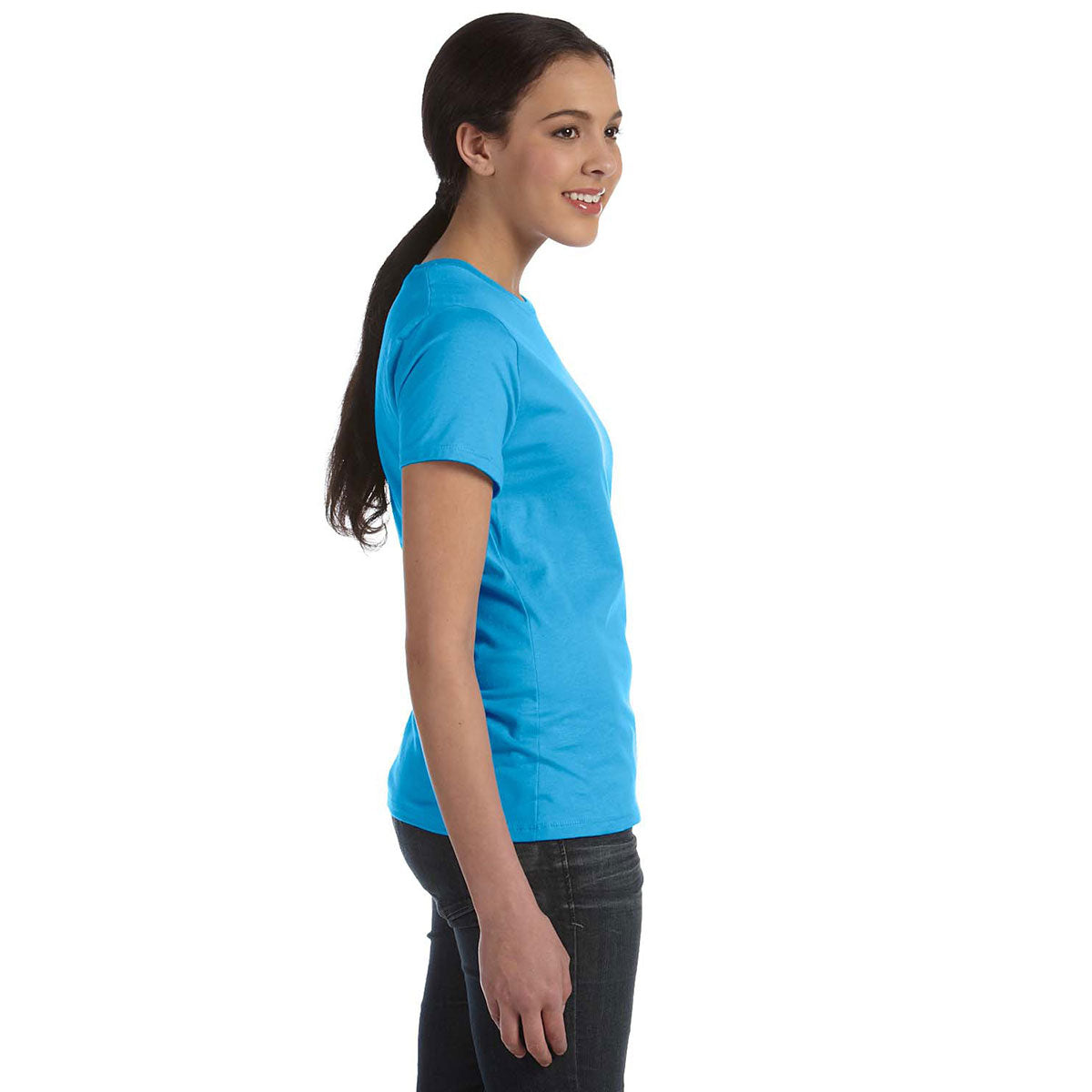 Hanes Women's Aquatic Blue 4.5 oz. 100% Ringspun Cotton Nano-T T-Shirt - A Must-Have for Women!