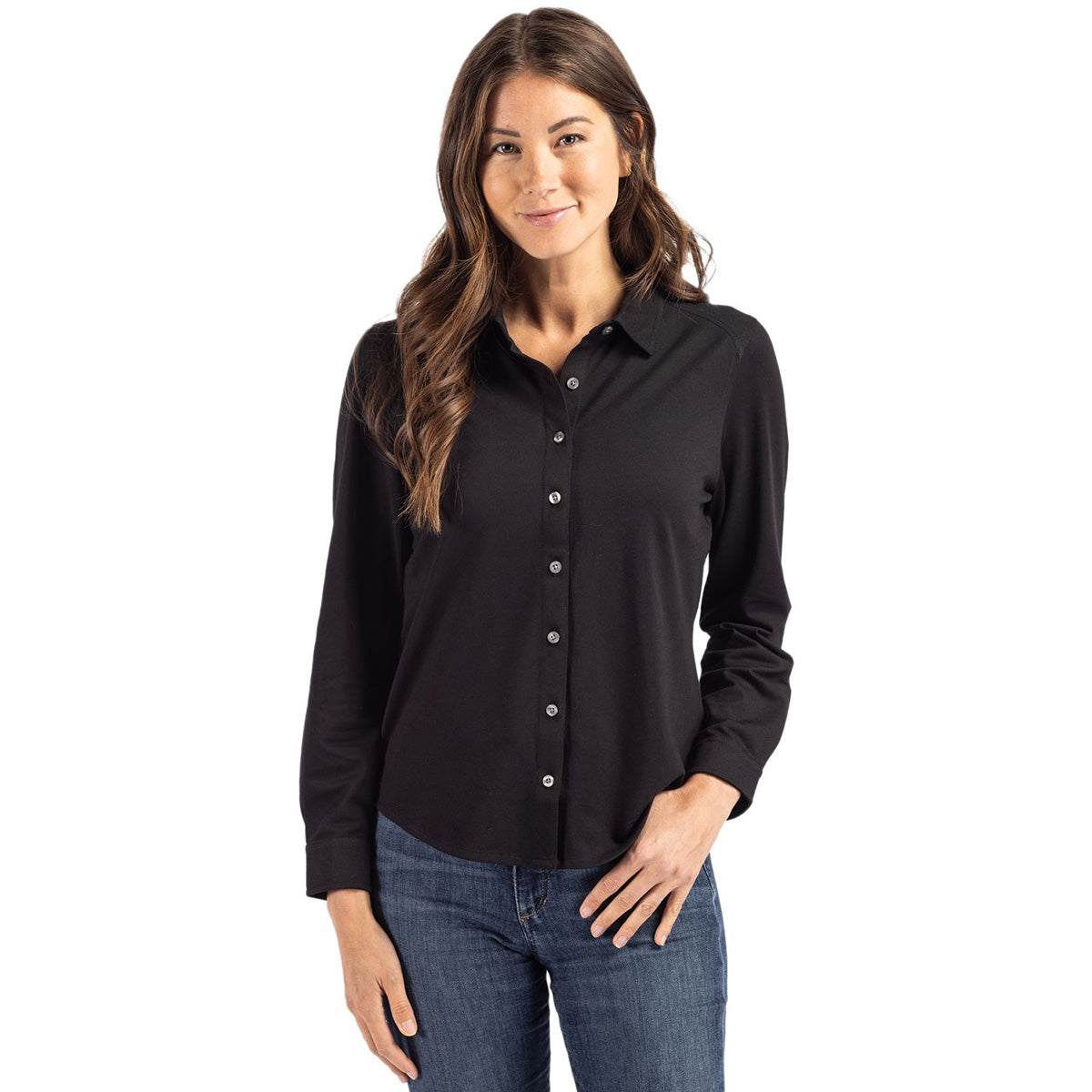 Cutter & Buck Women's Stylish Black Advantage Tri - Blend Eco Soft Pique Long Sleeve Button - Down Shirt