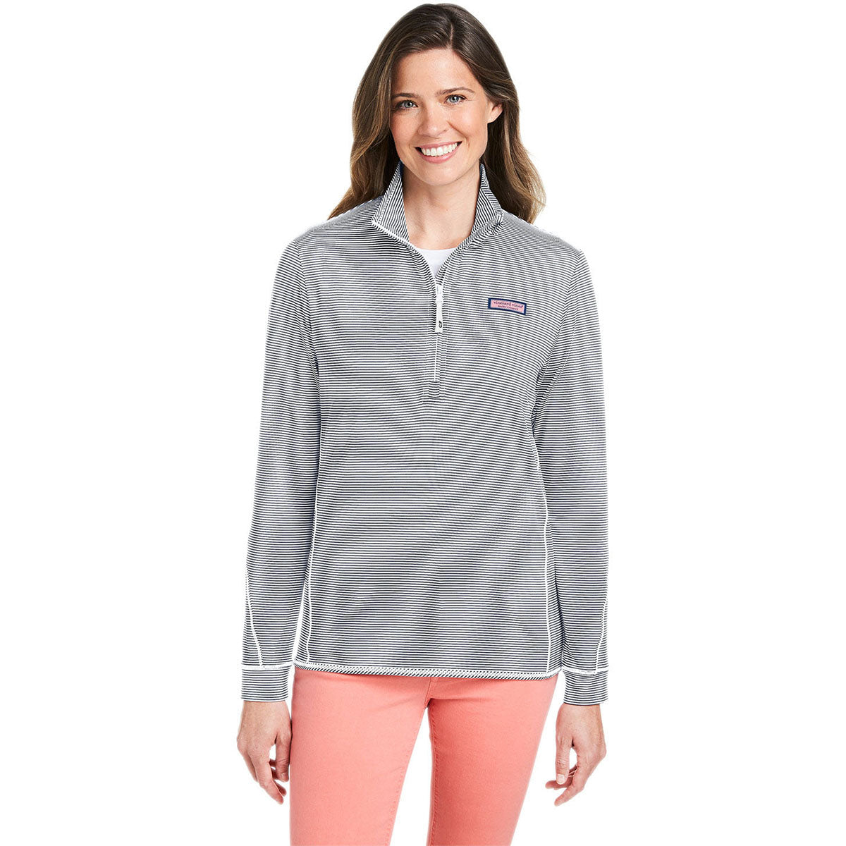 Vineyard Vines Women's Stylish Heather Grey Microstripe Sankaty Half-Zip Pullover