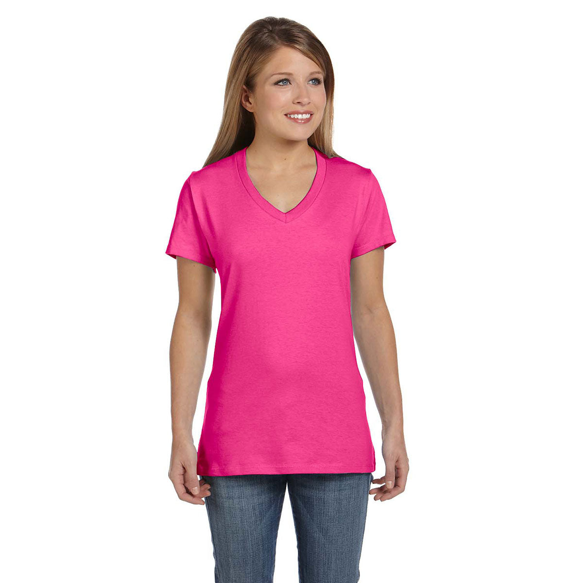 Hanes Women's Stunning Pink 4.5 oz. 100% Ringspun Cotton nano-T V-Neck T-Shirt