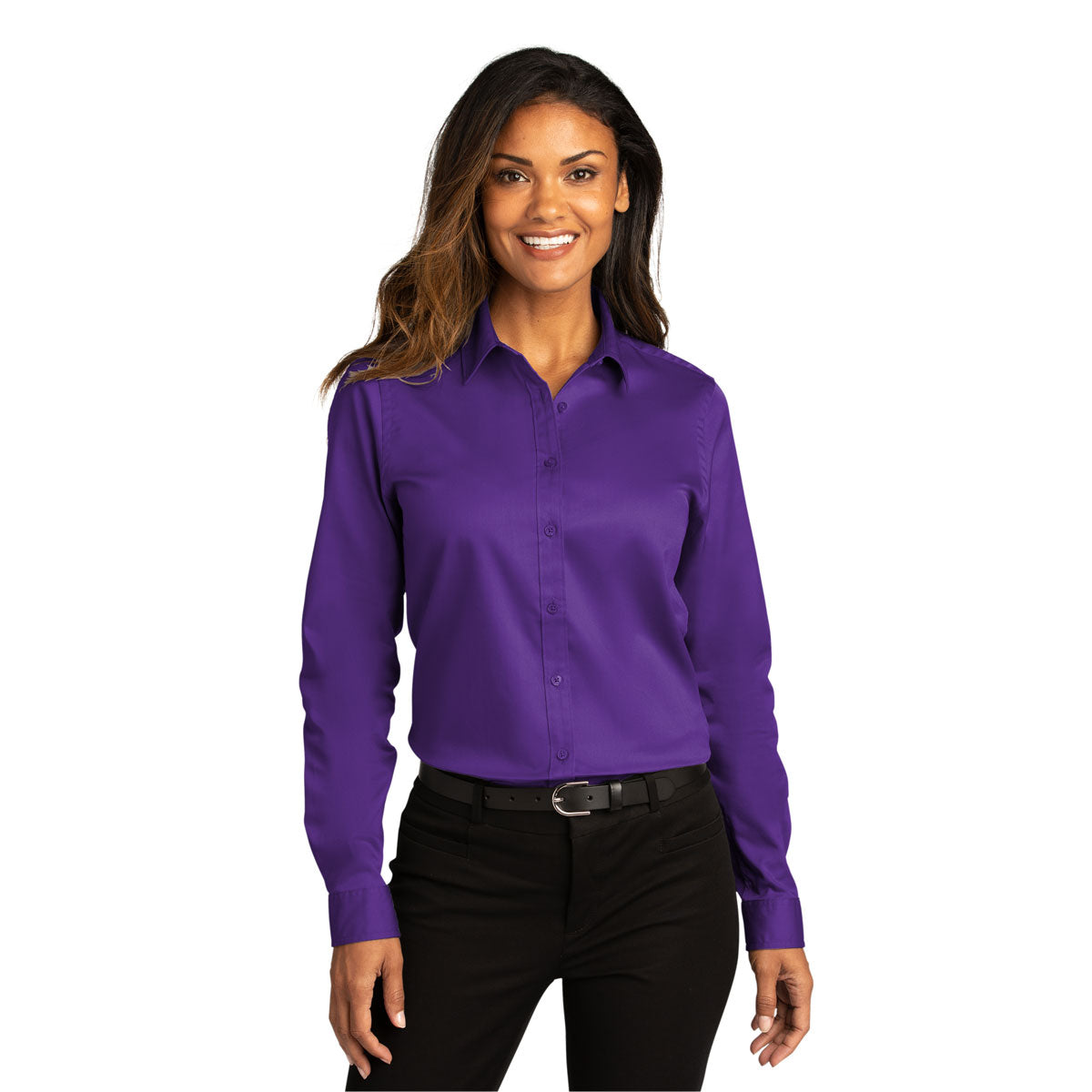 Port Authority Women's Stunning Purple Long Sleeve SuperPro React - Elevate Your Style!