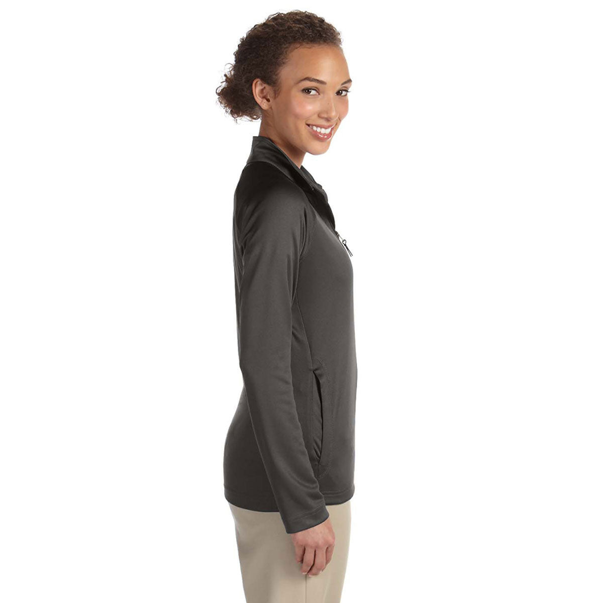 Devon & Jones Women's Stylish Dark Grey Heather Stretch Tech-Shell Compass Quarter-Zip - Must-Have for Active Women!