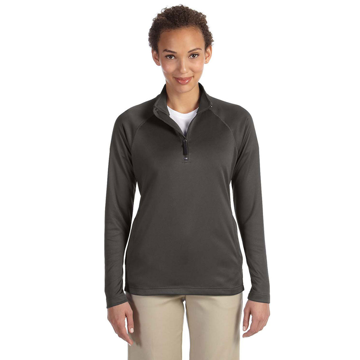 Devon & Jones Women's Stylish Dark Grey Heather Stretch Tech-Shell Compass Quarter-Zip - Must-Have for Active Women!