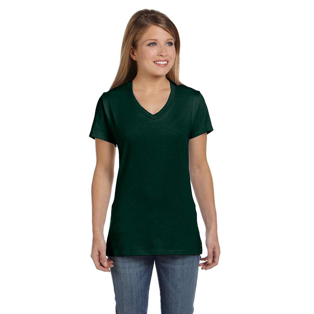 Hanes Women's Deep Forest 4.5 oz. 100% Ringspun Cotton Nano-T V-Neck T-Shirt: A Must-Have for Women!