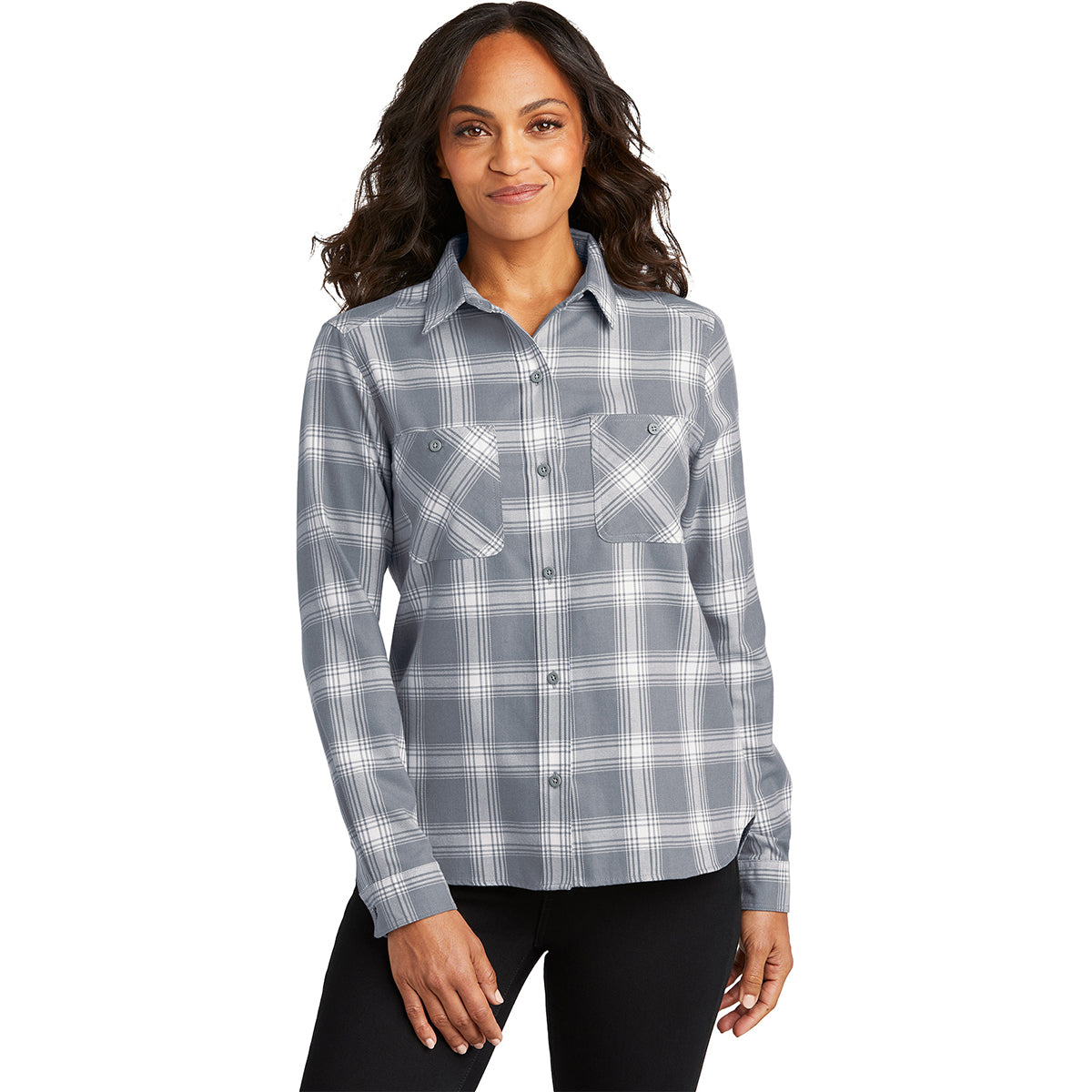 Port Authority Women's Stylish Grey/Cream Open Plaid Flannel Shirt